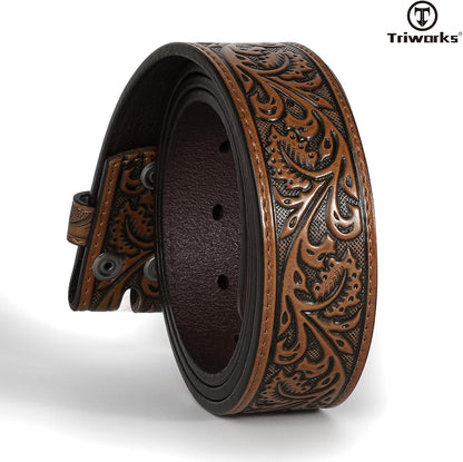 HOTTRIWORKS Western Belt Strap for Men without Buckle 1.5" Wide Floral Engraved Embossed Leather Belt Strap