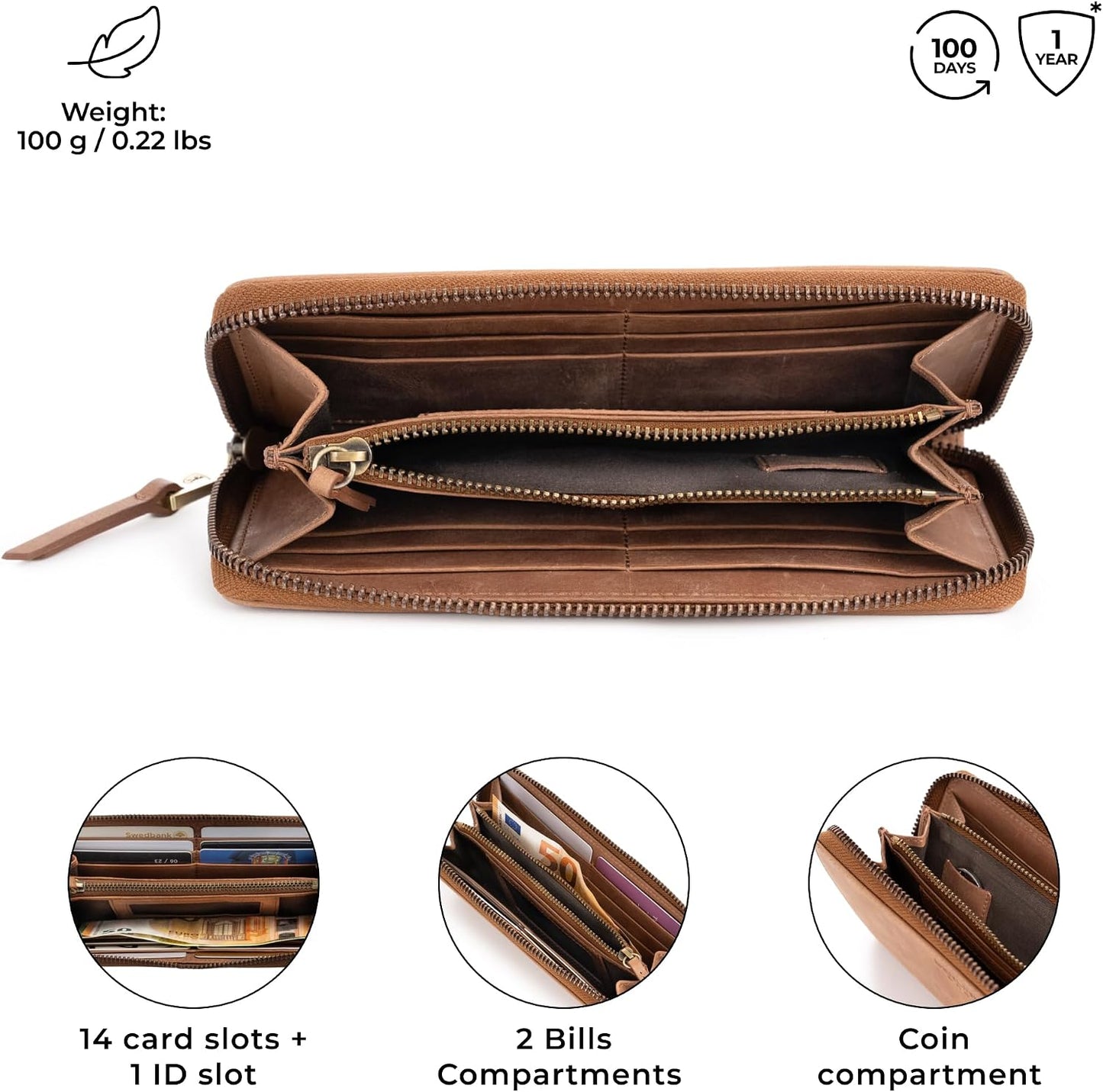 HOTBERLINER BAGS Genuine Leather Zip Wallet Women Palma, Gift Box – Brown | Soft Leather Zip Around Wallet, 14 Card Slots, 1 ID Window, 2 Bill Compartments, Zippered Coin Pocket, RFID Blocking
