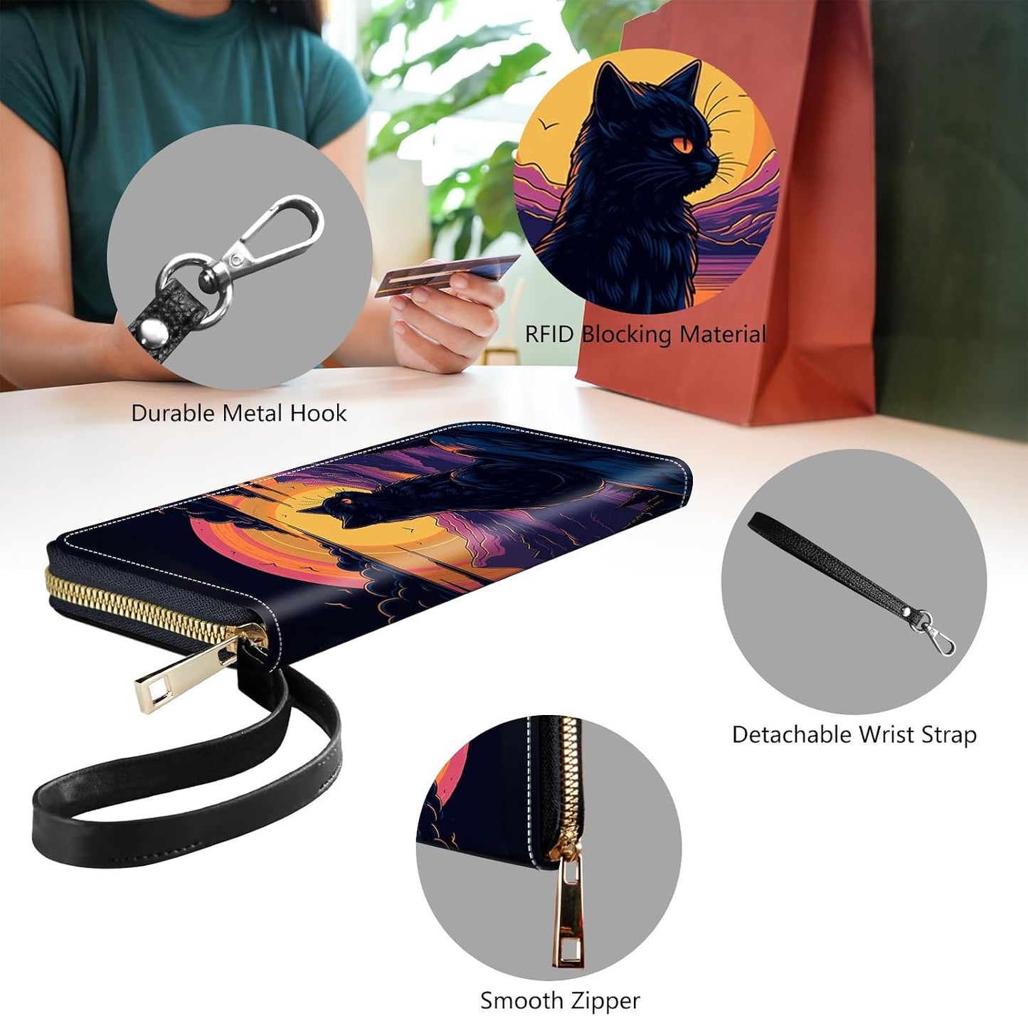 HOTWomens Wallet, PU Leather RFID Cute Wristlet Wallets for Girls Women Ladies Purse Large Credit Card Clutch Purse Card Holder Coin Pocket Travel Wallets with Zipper, Art Black Cat