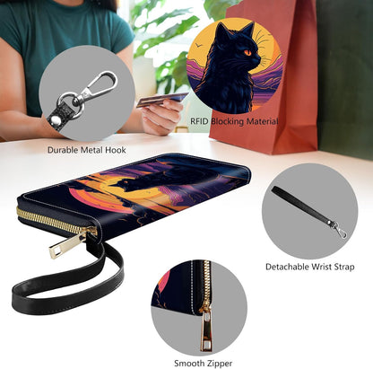 HOTWomens Wallet, PU Leather RFID Cute Wristlet Wallets for Girls Women Ladies Purse Large Credit Card Clutch Purse Card Holder Coin Pocket Travel Wallets with Zipper, Art Black Cat