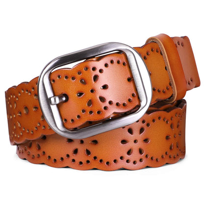 HOTJASGOOD Women's Hollow Flower Genuine Leather Belt for Jeans Pants Wide Belt for Ladies