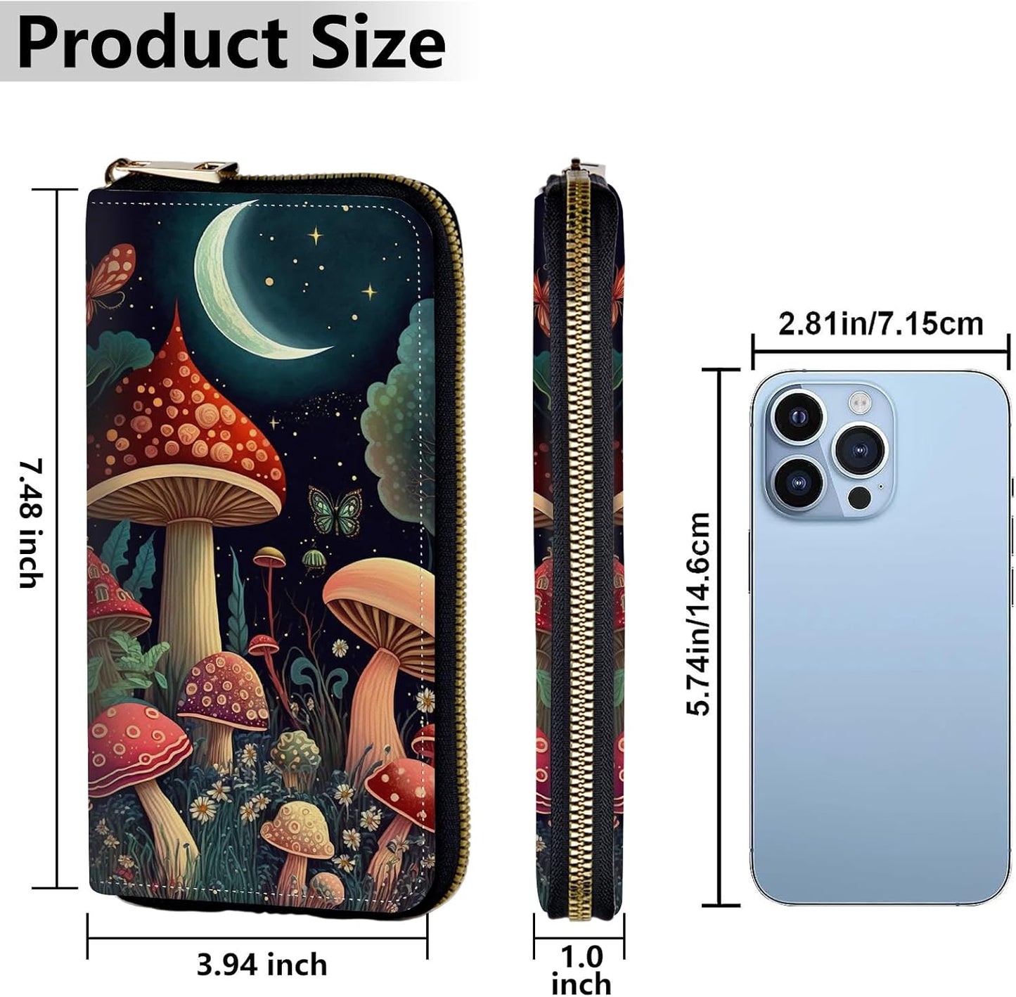HOTWomen's Wallets,Credit Card Holder Money Leather Long Wallet with Wristlet,Large Capacity with Zip-Around Phone Purse for Women Ladies Girls,Mushroom Moon