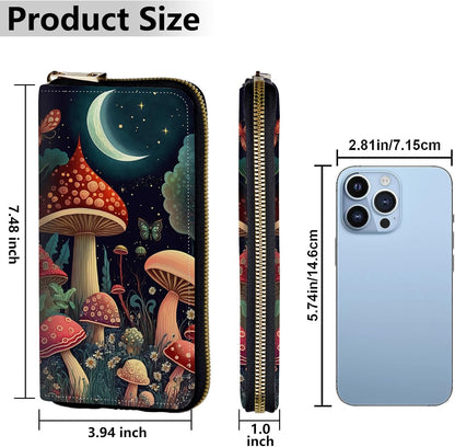 HOTWomen's Wallets,Credit Card Holder Money Leather Long Wallet with Wristlet,Large Capacity with Zip-Around Phone Purse for Women Ladies Girls,Mushroom Moon