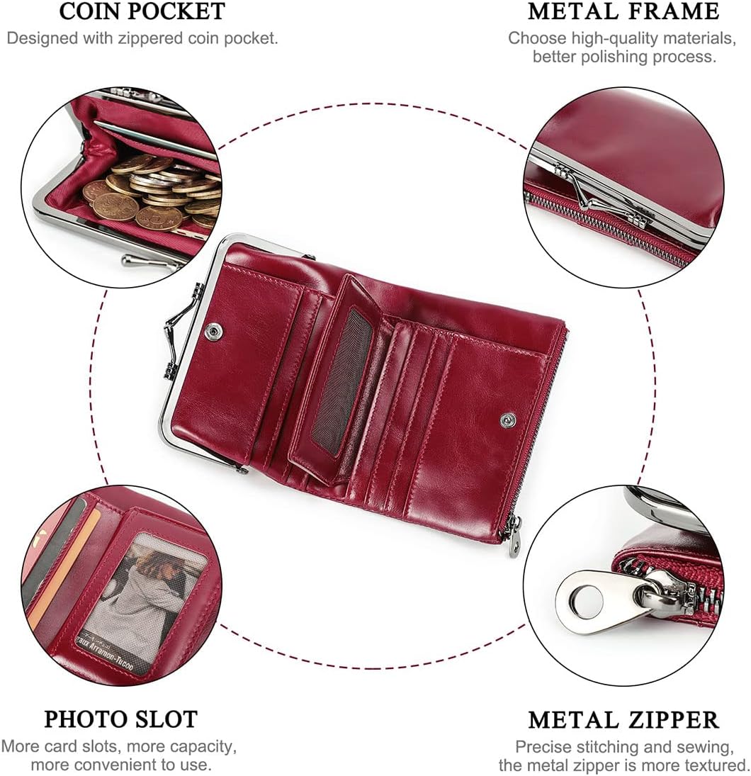 HOTCONTACTS Womens Kiss Lock Wallet Leather Small Zipper Coin Purse Red Bifold Rfid Clasp Wallet Card Holder with Photo Window