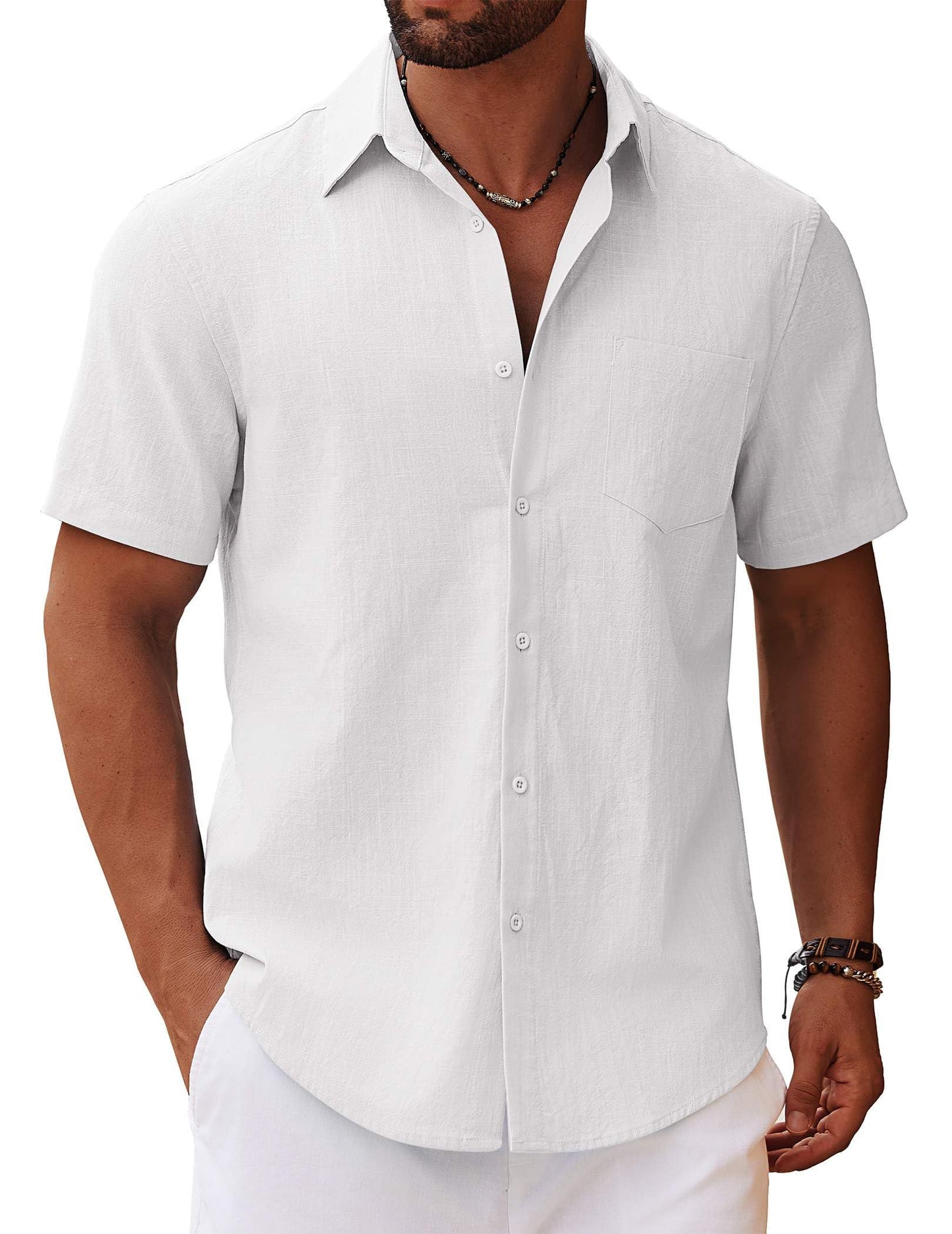 HOTCOOFANDY Men's Button Down Short Sleeve Shirt Casual Cotton Summer Beach Linen Wedding Shirts with Pocket