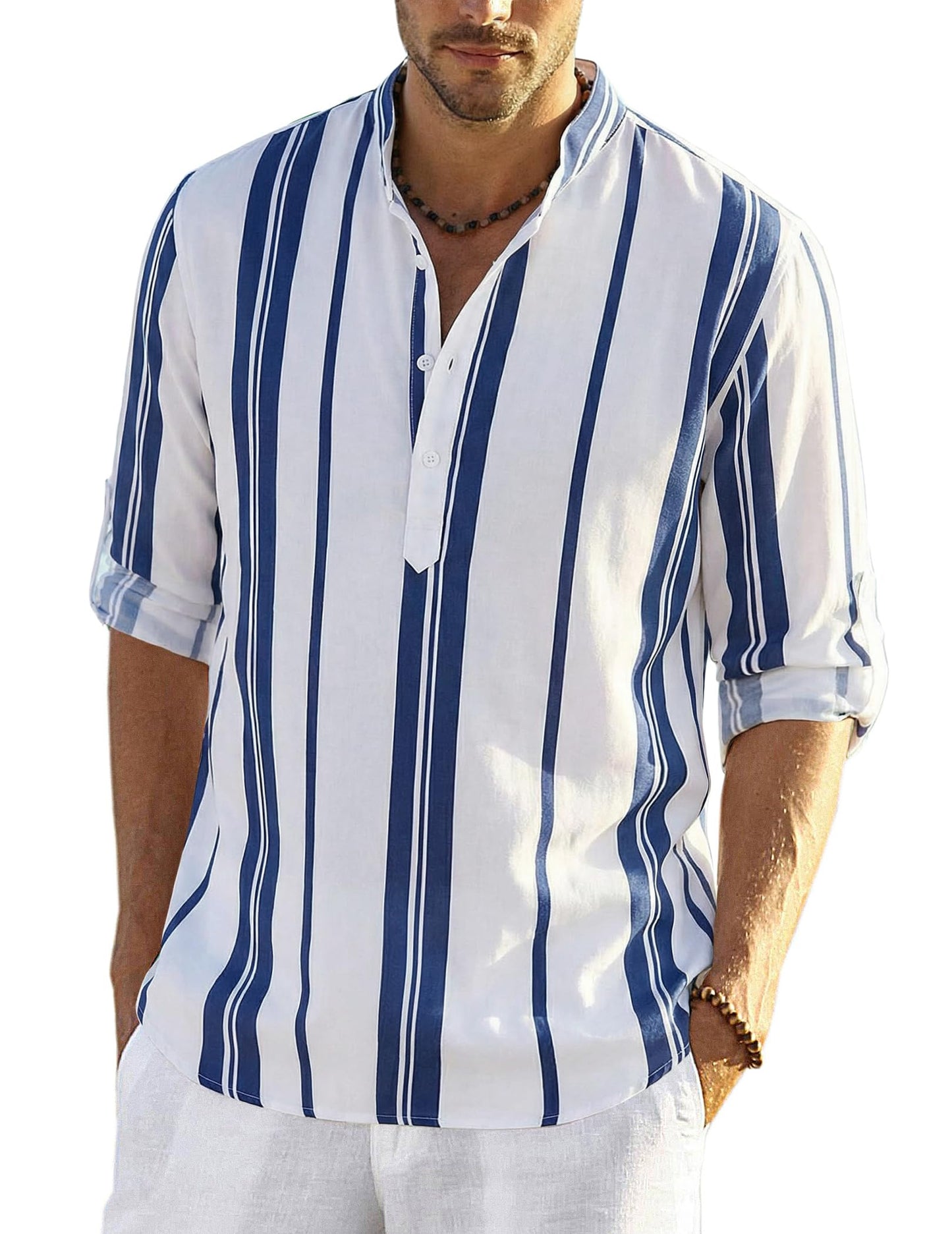 HOTCOOFANDY Men's Cotton Linen Henley T-Shirt Long Sleeve Hippie Casual Beach T-Shirts