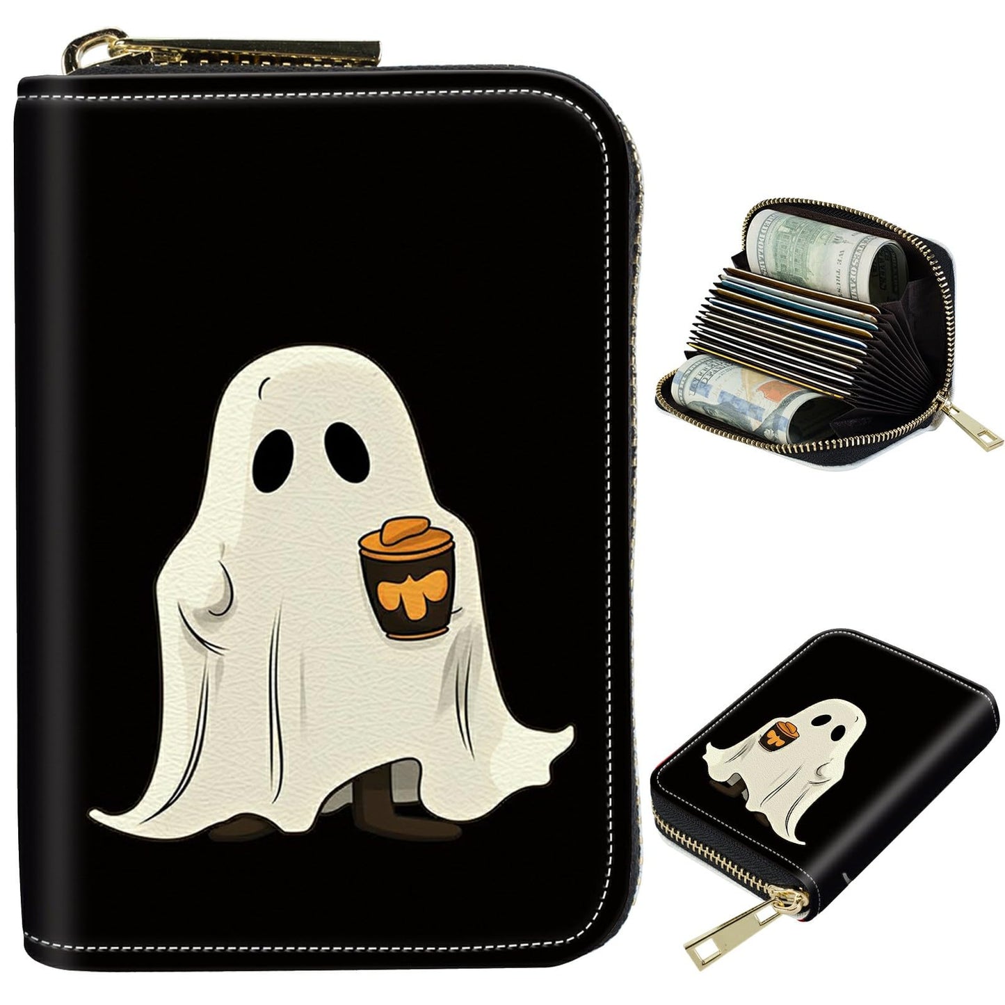 HOTCute Credit Card Holder with Zipper, Crow Skull RFID-Blocking Card Case Small Wallet for Women Men, Multi-slot Card Organizer Case Travel Accordion Wallet