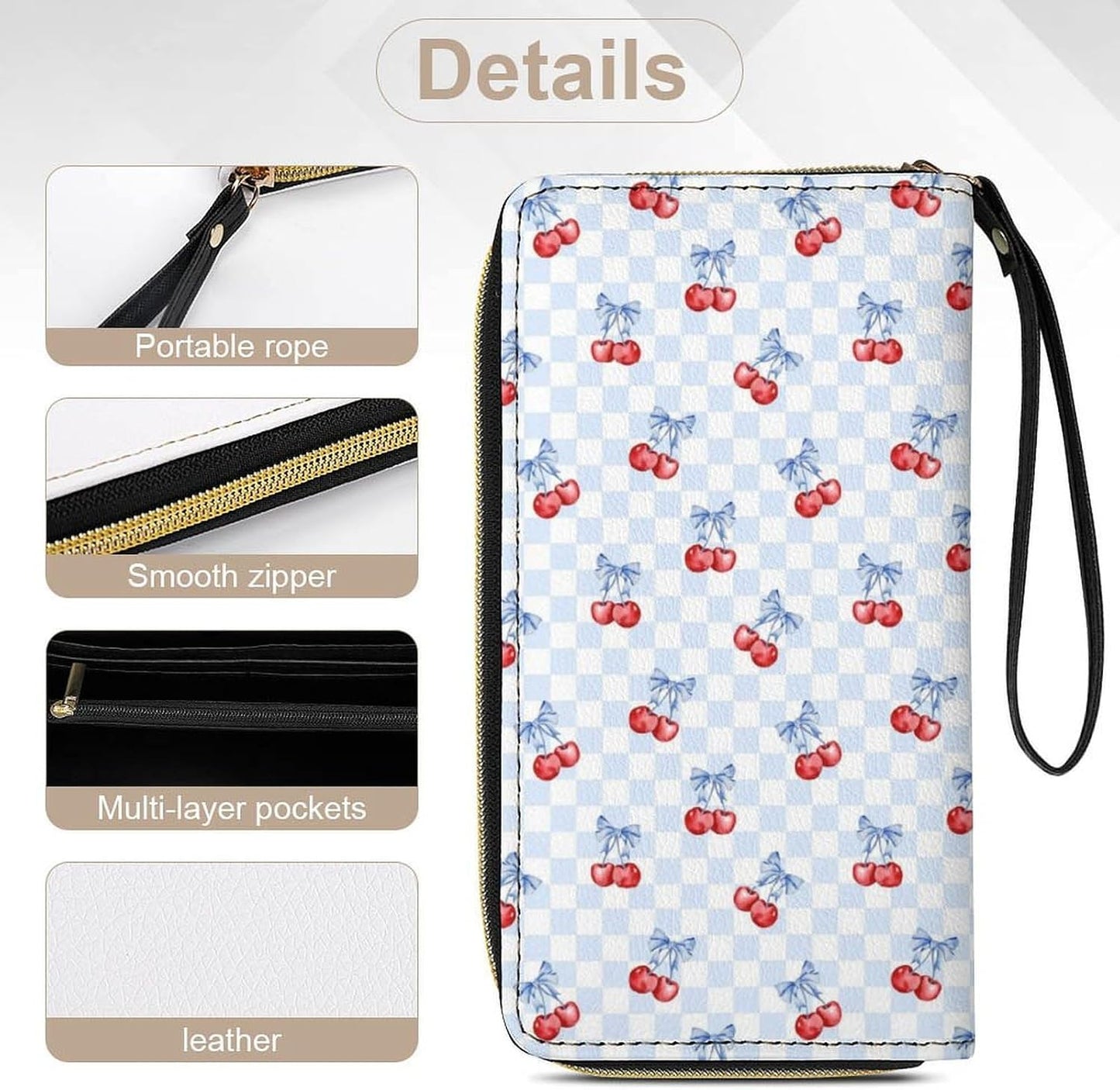 HOTCherry Bow Blue White Checkered Leather Wallet for Women Mens Clutch Purse Large Capacity Wristlet Wallets for Cash Coin Smart Phone Ladies Gift