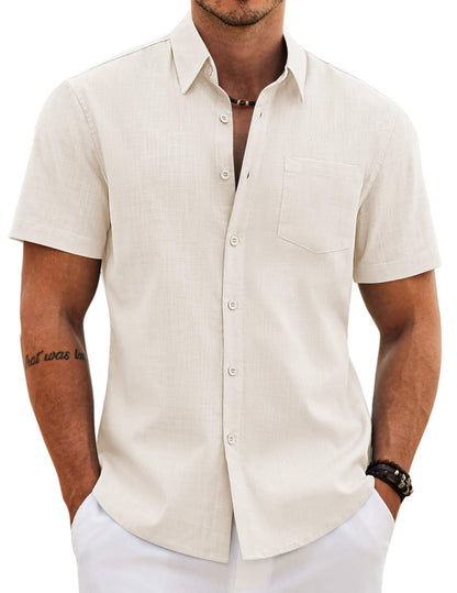 HOTCOOFANDY Men's Button Down Short Sleeve Shirt Casual Cotton Summer Beach Wedding Linen Shirts with Pocket