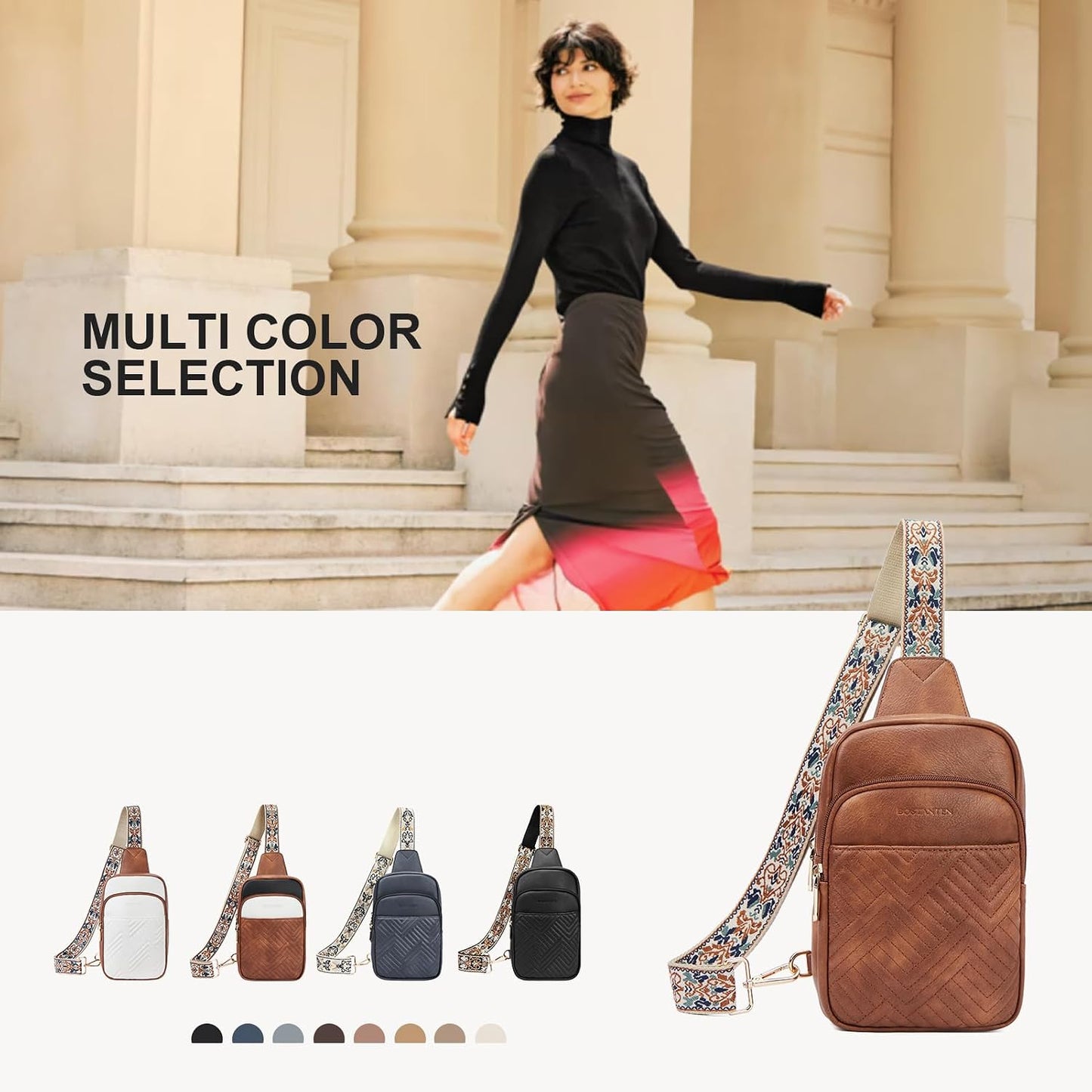 HOTBOSTANTEN Sling Bag Quilted Crossbody Bags for Women Cross Body Purse Leather Fanny Pack with Adjustable Guitar Strap