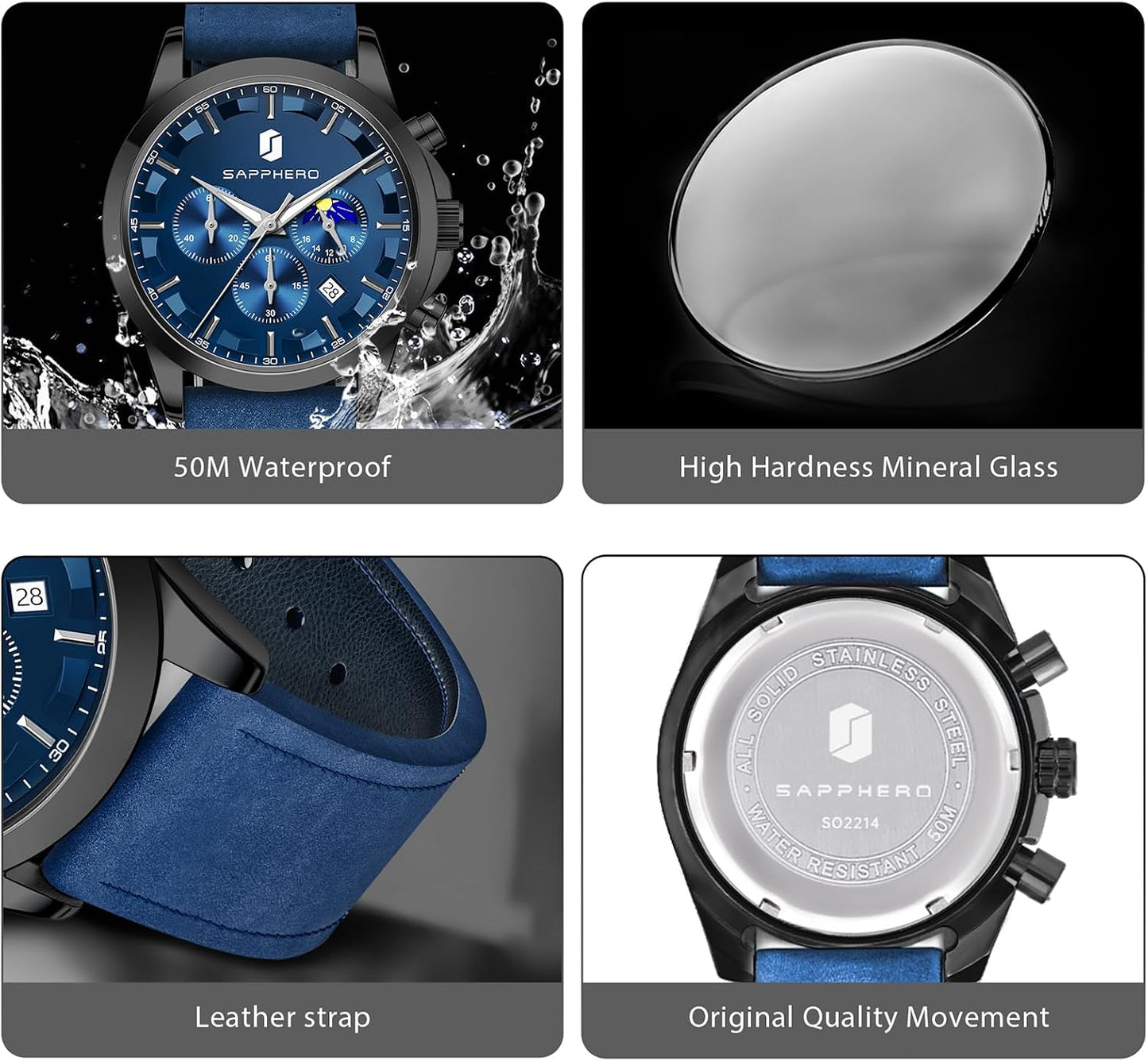 HOTSAPPHERO Chronograph Watches for Men, Original Business Casual Stainless Steel Analog Watch 50M Waterproof Luminous Watches with Date Dial, Mens Gift
