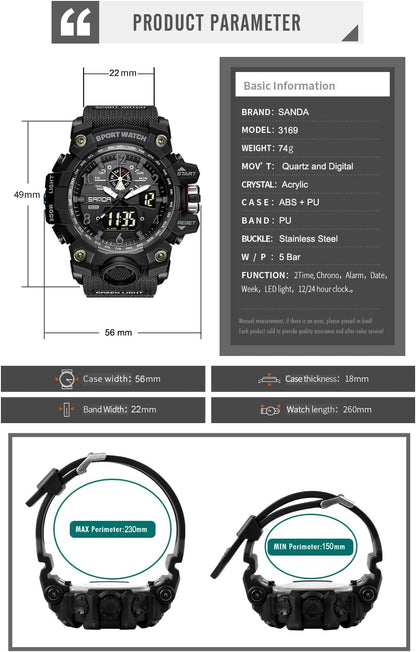 HOTKXAITO Men's Watches Sports Outdoor Waterproof Military Wrist Watch Date Multi Function Tactics LED Alarm Stopwatch