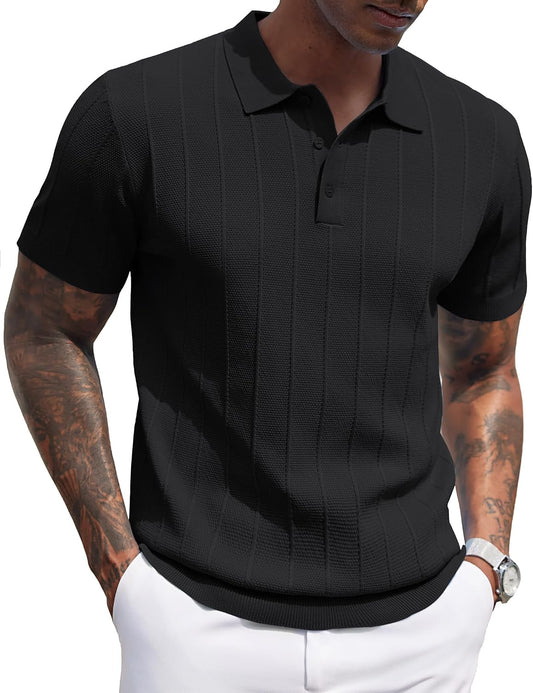 HOTCOOFANDY Mens Knit Polo Shirts Short Sleeve Ribbed Textured Polo Shirt Lightweight Casual Golf Shirts Collared T Shirt