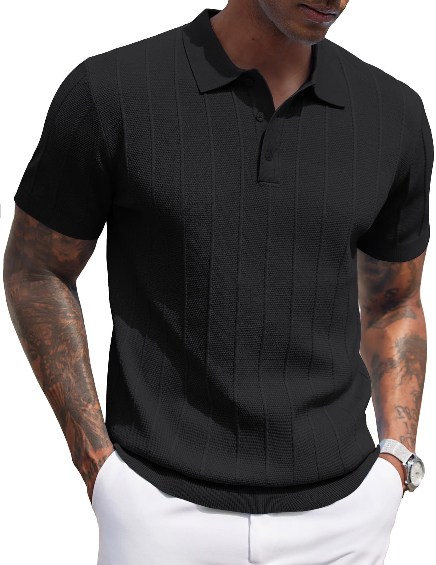HOTCOOFANDY Mens Knit Polo Shirts Short Sleeve Ribbed Textured Polo Shirt Lightweight Casual Golf Shirts Collared T Shirt