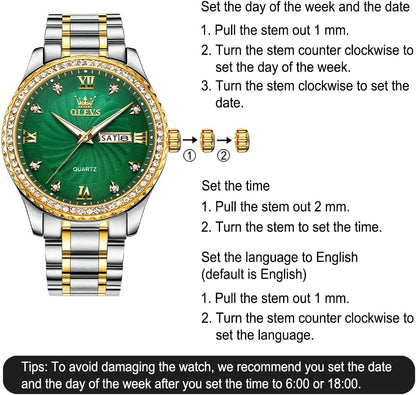 HOTOLEVS Men's Casual Stainless Steel Watch, Big Face Easy to Read Analog Quartz Watch with Day and Date, Classic Waterproof Diamond Roman Arabic Numeral Dial Dress Watch for Men, Gold Silver Black Band