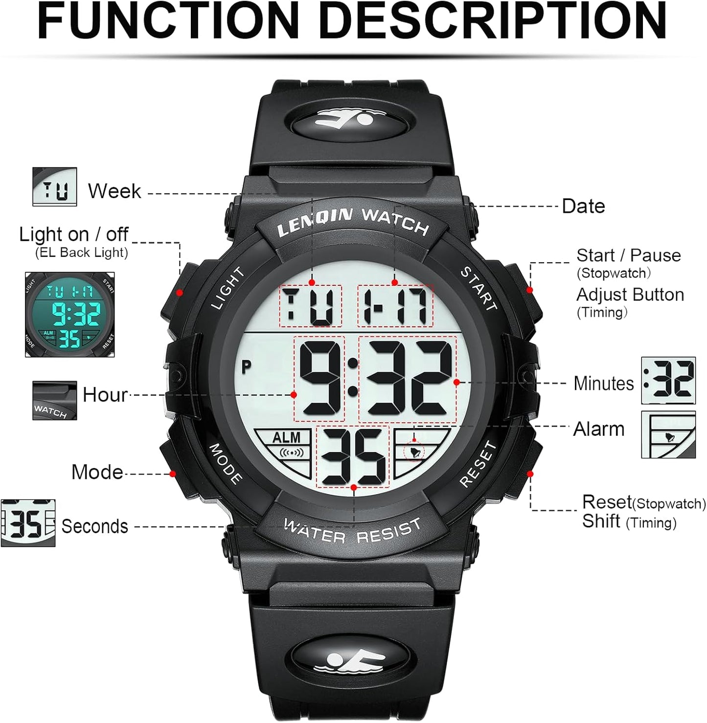 HOTLN LENQIN Mens Watches Digital Watch Sports Watches for Men Waterproof Wrist Watch with LED Screen Large Face Back Light Alarm Date Stopwatch Military Tactical Watch