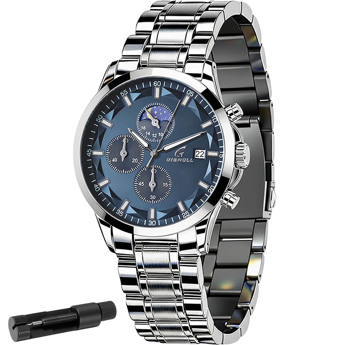 HOTFashion Casual Analog Watches for Men with Functional Chronograph Subdials | Mens Watches with Decorative Sun-Moon Dial, Auto Date, Dual Timers, Luminous, Waterproof, Gifts for Men Dad Husband Boyfriend