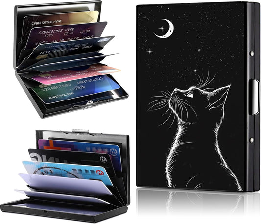HOTRFID Credit Card Holder for Women Men, Slim Credit Card Case Protector Metal Hard Credit Card Wallet Protector Business Card Holder Snap Closure, A Cat Looks At The Moon