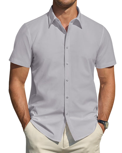 HOTJ.VER Men's Short Sleeve Dress Shirts Stretch Stain Shield Casual Button Down Shirts Solid Formal Shirt