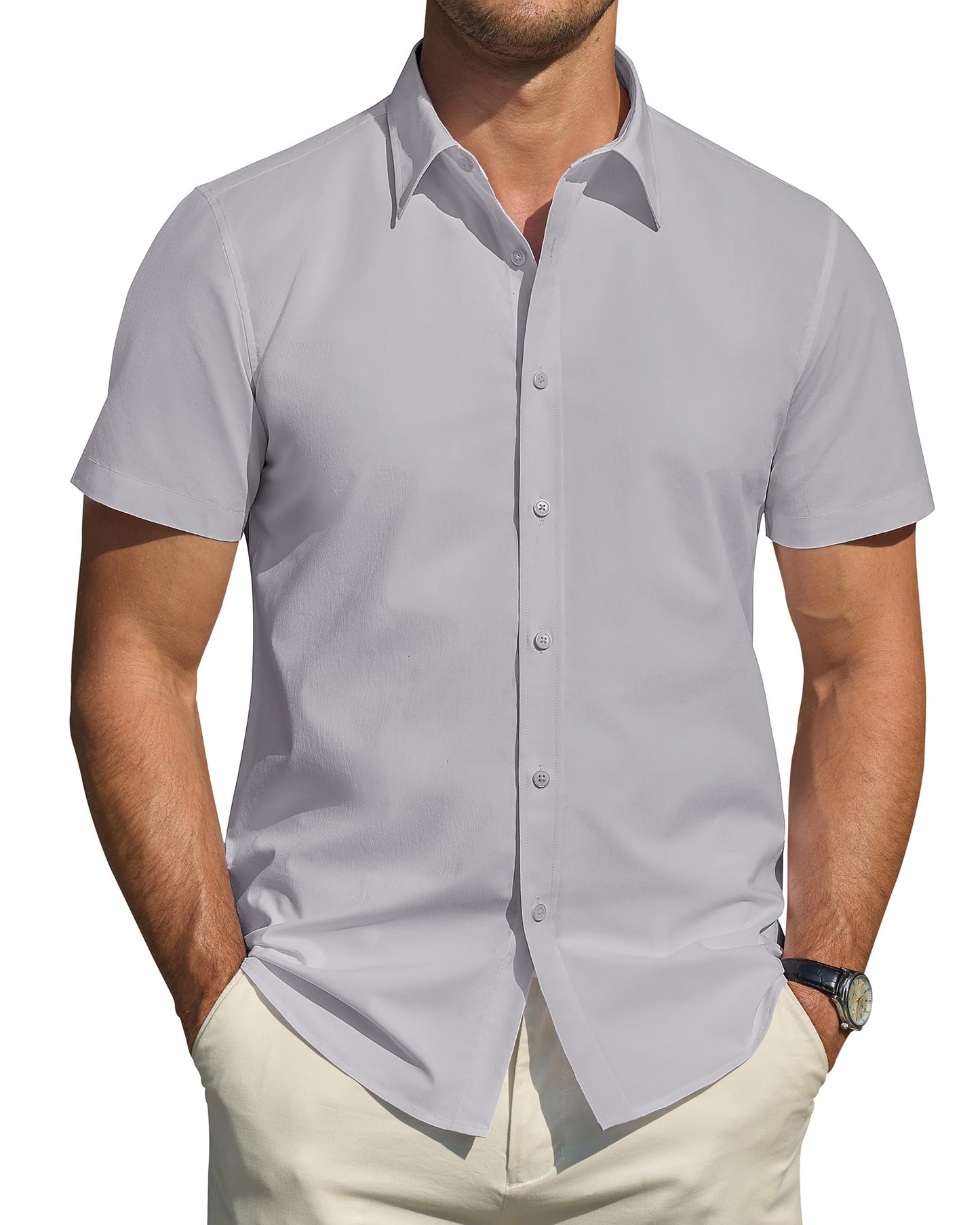 HOTJ.VER Men's Short Sleeve Dress Shirts Stretch Stain Shield Casual Button Down Shirts Solid Formal Shirt