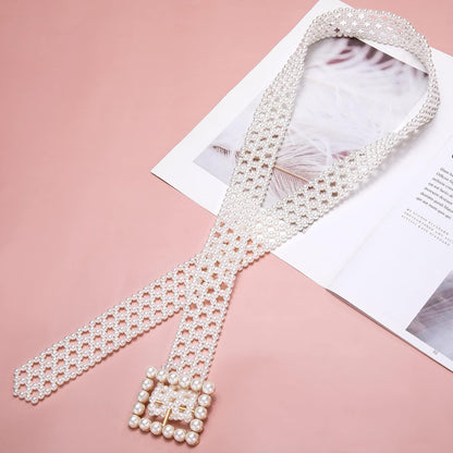 HOTDubulle Women's Pearl Belt Elastic White Waist Chain for Bridal Dress | Plus Size Belts Ivory Beige Silver Pearl Rhinestone Buckle Formal Wedding Ladies
