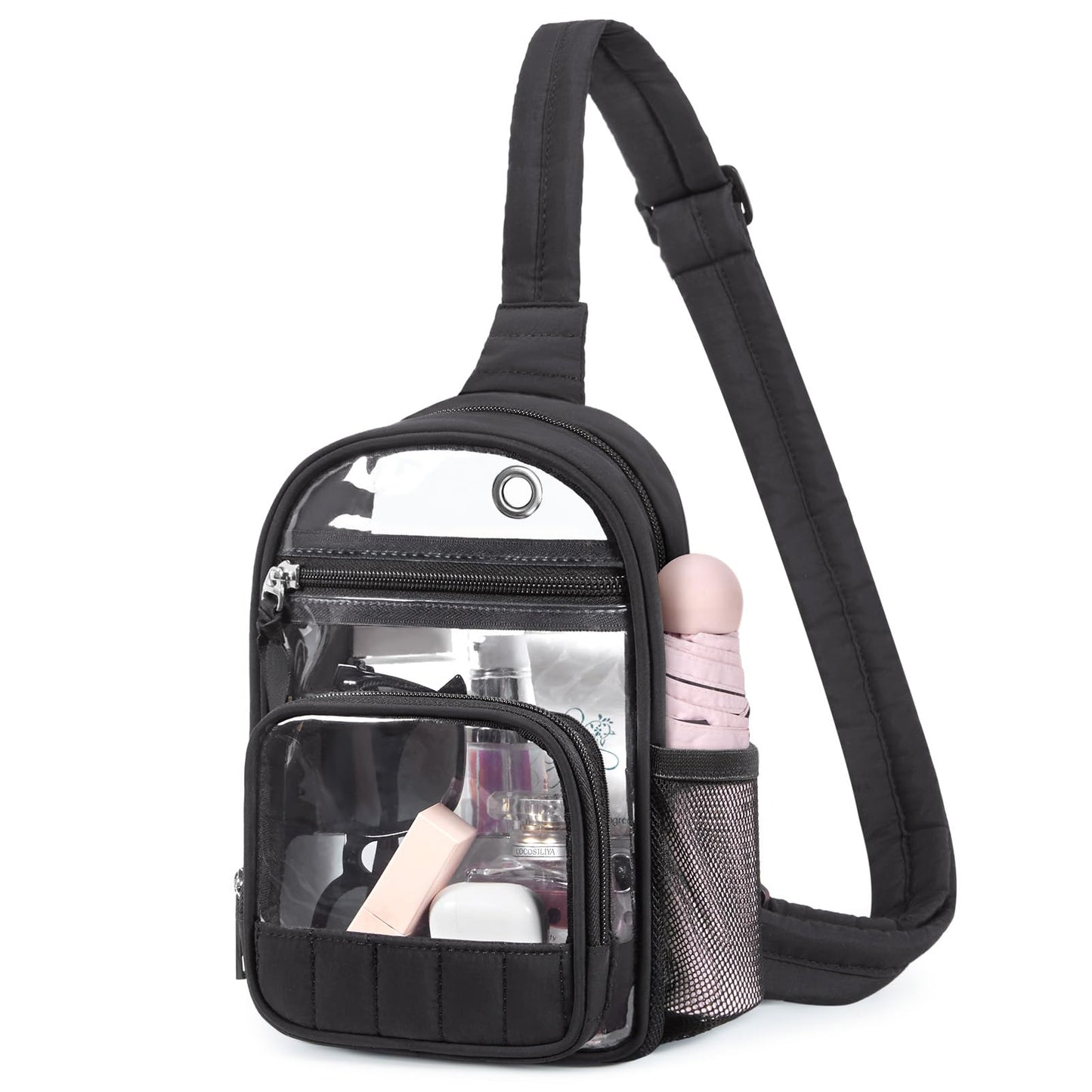 HOTMissnine Clear Bag for Stadium Events Clear Sling Bag Fanny Pack Crossbody Purse for Sport Concert with Side Mesh Pocket