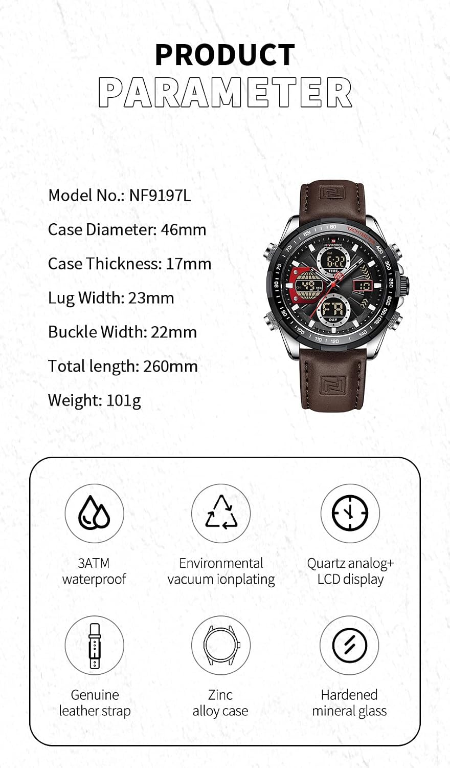 HOTNAVIFORCE Men's Military Digital Watches Analog Quartz Waterproof Watch Sport Multifunctional Leather Wristwatch