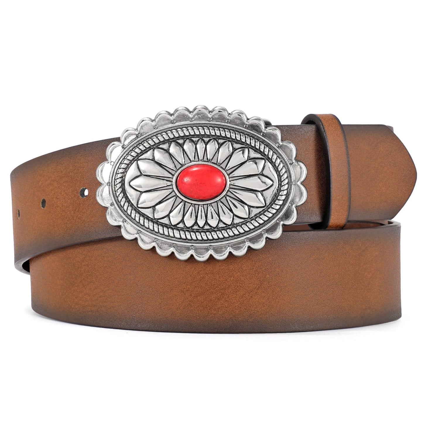 HOTXZQTIVE Women Western Leather Belt Vintage Country Belts For Cowgirl Jeans Dresses Ladies Concho Belt With Turquoise Buckle