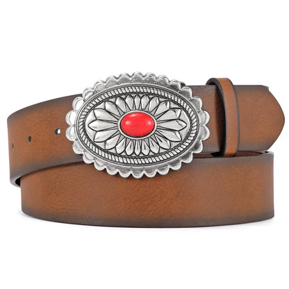 HOTXZQTIVE Women Western Leather Belt Vintage Country Belts For Cowgirl Jeans Dresses Ladies Concho Belt With Turquoise Buckle