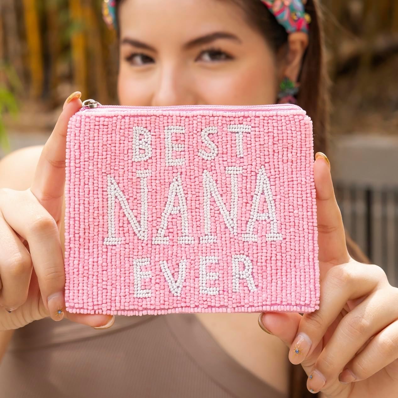 HOTBest Nana Ever Beaded Coin Purse Pouch Pink Beaded Pouch Purse Gift for Grandma Mother's Day Gift Small Wallet Nana Gifts