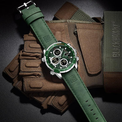 HOTNAVIFORCE Men's Military Digital Watches Analog Quartz Waterproof Watch Sport Multifunctional Leather Wristwatch