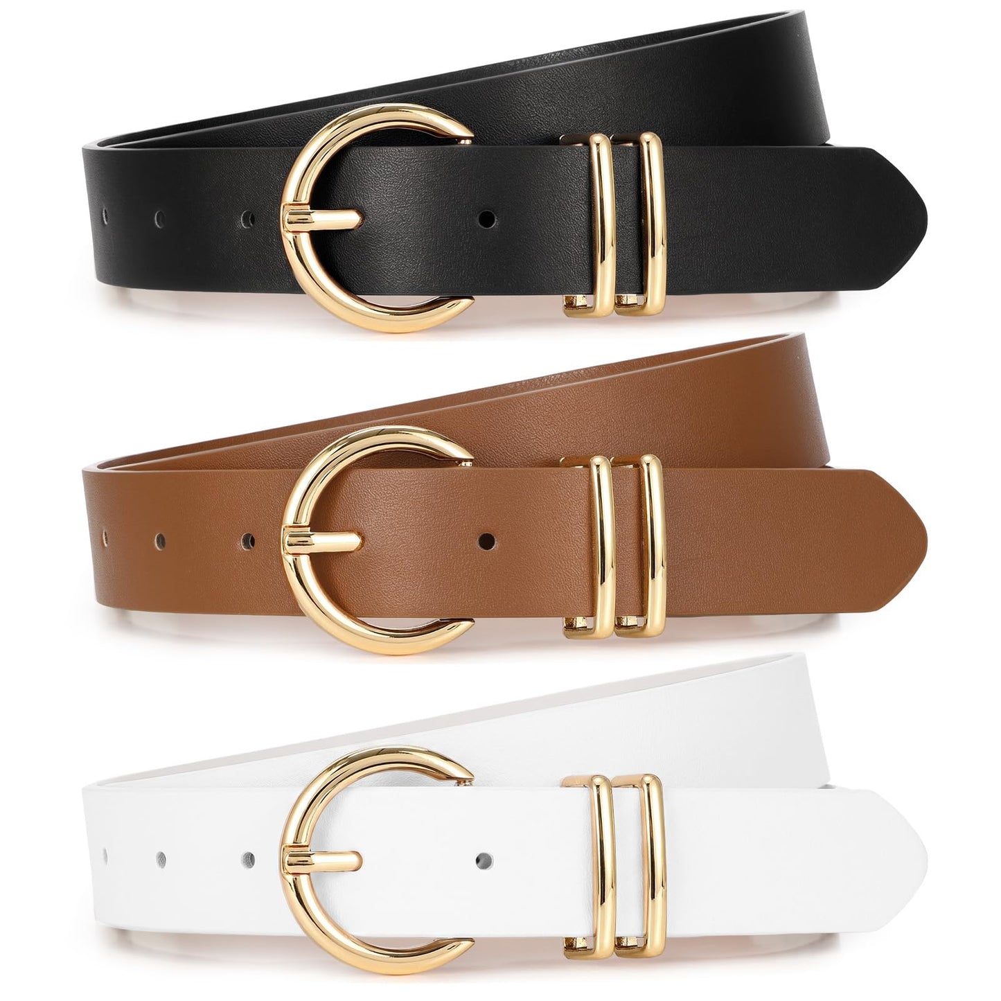 HOTXZQTIVE 3 Pack Women Belts For Jeans Dresses Pants Ladies Leather Waist Belt with Gold Buckle