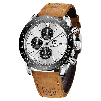 HOTBENYAR Mens Watches Quartz Movement Chronograph Leather Strap Fashion Business Sport Design 30M Waterproof Scratch Resistant Elegant Gifts for Men
