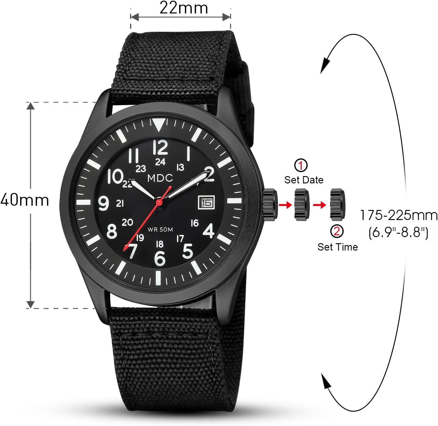 HOTInfantry Mens Military Field Watch, Easy Read Large Face, 12/24H Nylon Band | Tactical Analog Time, Date Window, Japanese Quartz, 5ATM Waterproof, Lightweight Breathable Strap, Work Outdoor Gift