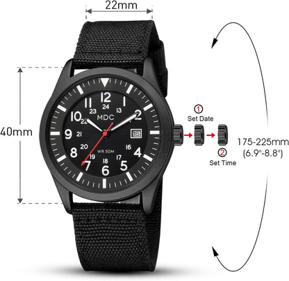 HOTInfantry Mens Military Field Watch, Easy Read Large Face, 12/24H Nylon Band | Tactical Analog Time, Date Window, Japanese Quartz, 5ATM Waterproof, Lightweight Breathable Strap, Work Outdoor Gift
