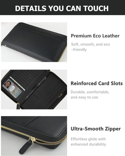 HOTLarge Travel Wallet for Women | RFID Zipper Wallet with AirTag Slot,Passport Holder Clutch with Wristlet