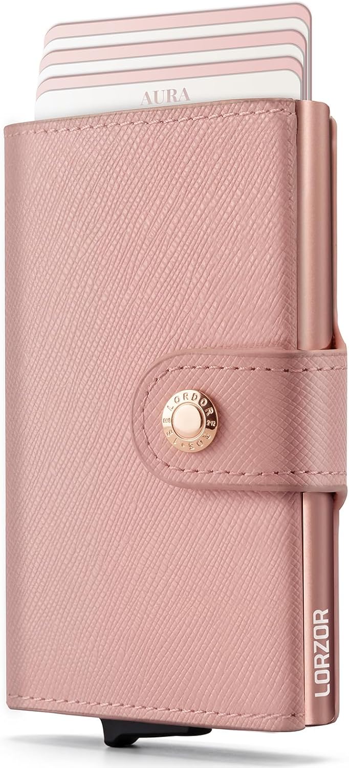HOTWomen Wallet RFID Blocking Wallet for Women, Slim Small Size, Top Grain Leather, Pop up Credit Card Holder, Trifold, Minimalist, Pink Saffiano 9-11 Cards Capacity ID Window Cash Pocket,Gift for Her