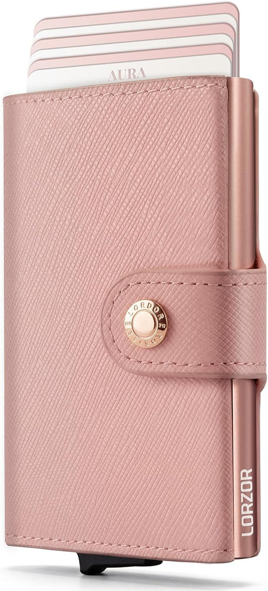 HOTWomen Wallet RFID Blocking Wallet for Women, Slim Small Size, Top Grain Leather, Pop up Credit Card Holder, Trifold, Minimalist, Pink Saffiano 9-11 Cards Capacity ID Window Cash Pocket,Gift for Her