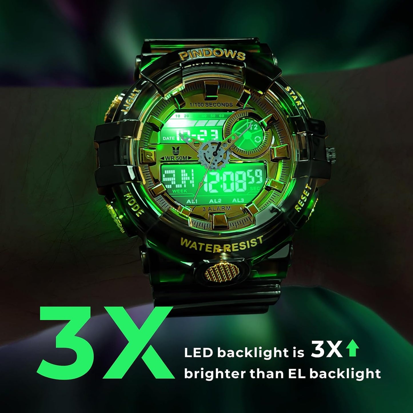 HOTPINDOWS Watches for Men, Transparent Gold Analog Digital Dual Time 50M Waterproof, LED Backlight Multifunctional with Alarms, Stopwatch, Ideal for Sports, Outdoor Activities, and Daily Wear