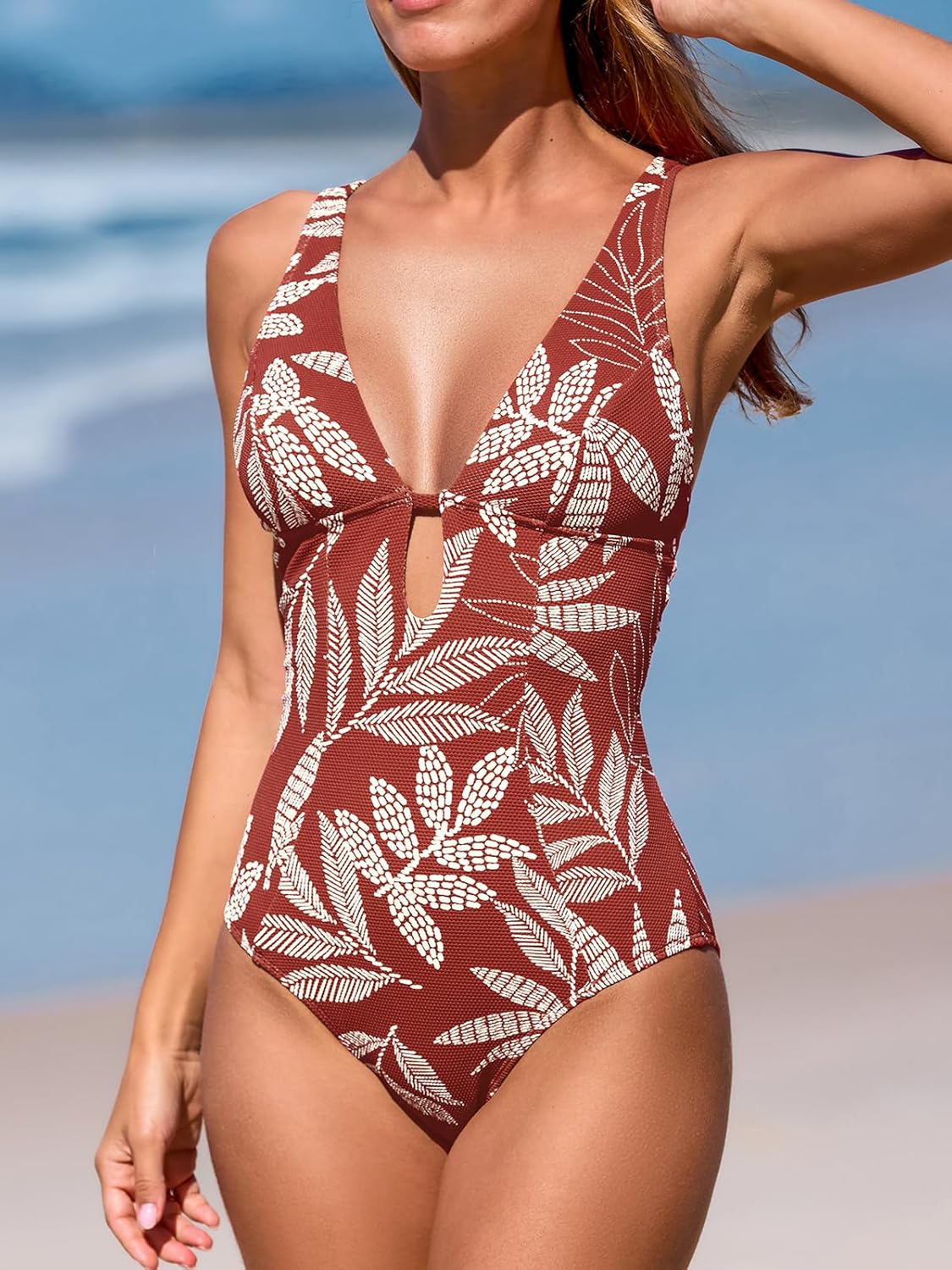 HOTCUPSHE Women's One Piece Swimsuit Deep V Bathing Suit Ring Back | Adjustable Straps, Removable Soft Cups, Open Back, O-Ring Detail, Textured Fabric, Keyhole Cutouts, Standard Coverage