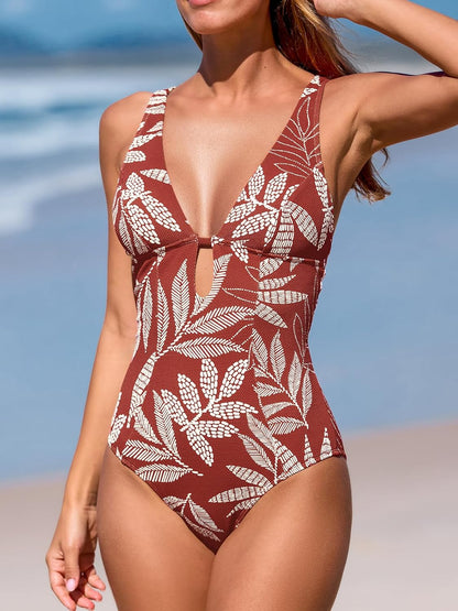HOTCUPSHE Women's One Piece Swimsuit Deep V Bathing Suit Ring Back | Adjustable Straps, Removable Soft Cups, Open Back, O-Ring Detail, Textured Fabric, Keyhole Cutouts, Standard Coverage