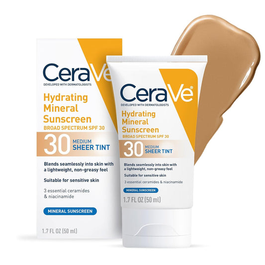 HOTCeraVe Hydrating Mineral Sunscreen SPF 30 with Sheer Tint, Tinted Mineral Sunscreen with Zinc Oxide & Titanium Dioxide, Blends Seamlessly For Healthy Glow, Medium, 1.7 Fluid Ounce