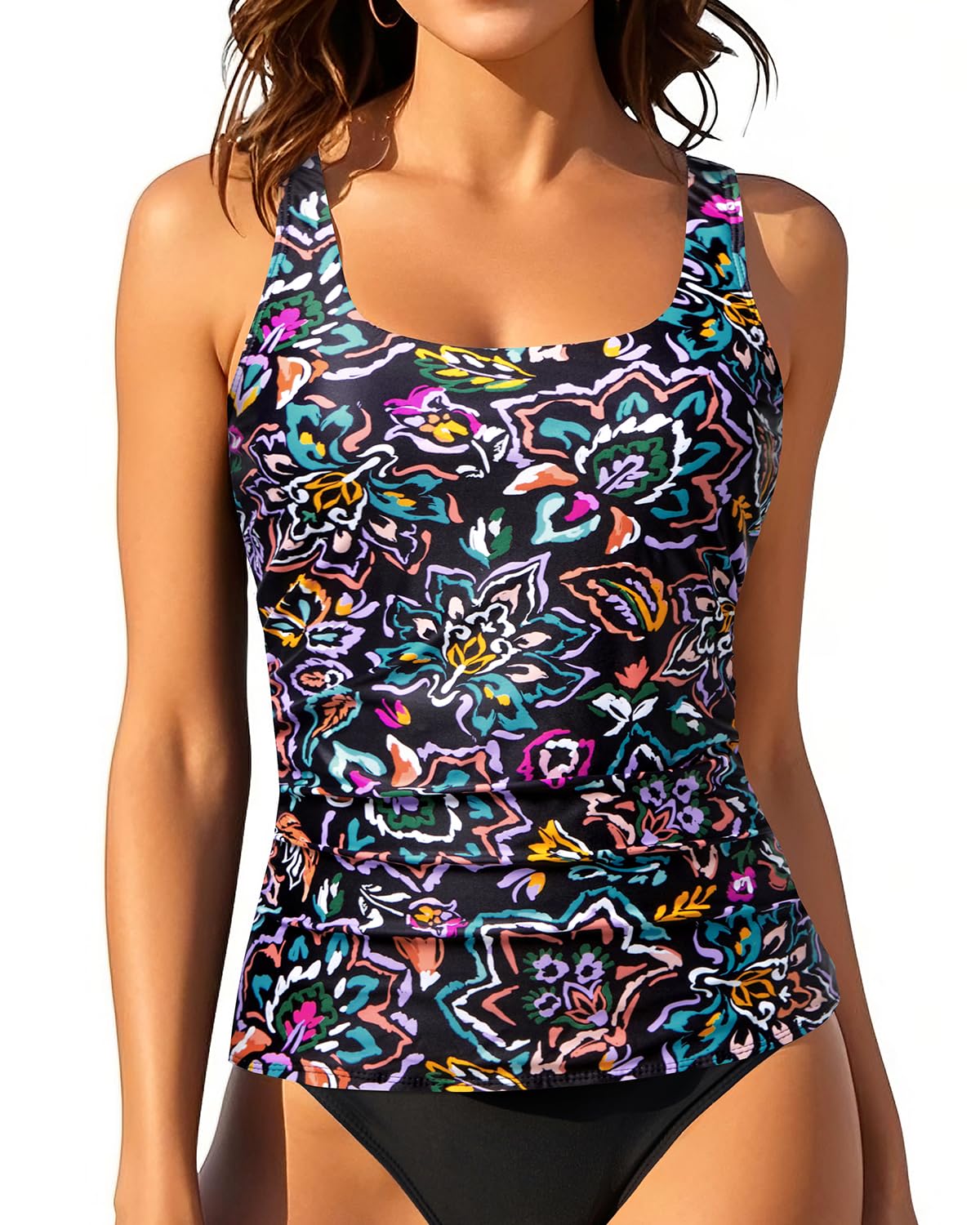 HOTTankini Tops for Women Tummy Control Swimwear Top Only No Bottom | Scoop Neck, Adjustable Straps, Ruched Stomach, Removable Cups, Available in Plus, No Bottom, Full Lining