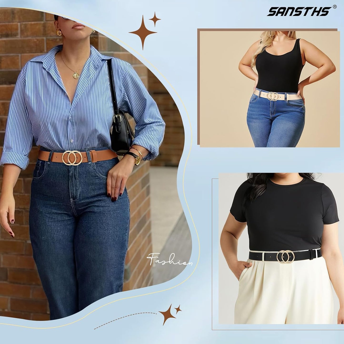 HOTSANSTHS 3 Pack Women Waist Belts for Jeans Pants Dresses, Ladies Belt with Double O-Ring Gold Buckle