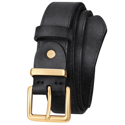 HOTWomen's Full Grain Leather Belt for Jeans Pants Real Genuine Leather Waist Belt with Matte Gold/Silver Buckle