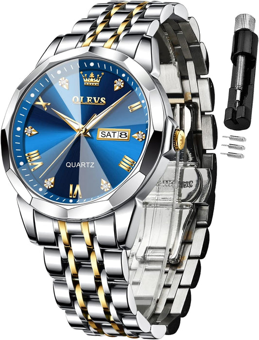 HOTOLEVS Watch for Men Diamond Business Dress Analog Quartz Stainless Steel Waterproof Luminous Date Two Tone Luxury Casual Wrist Watch Blue