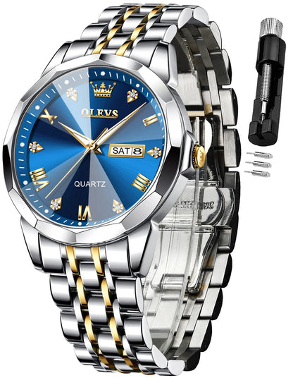 HOTOLEVS Watch for Men Diamond Business Dress Analog Quartz Stainless Steel Waterproof Luminous Date Two Tone Luxury Casual Wrist Watch Blue