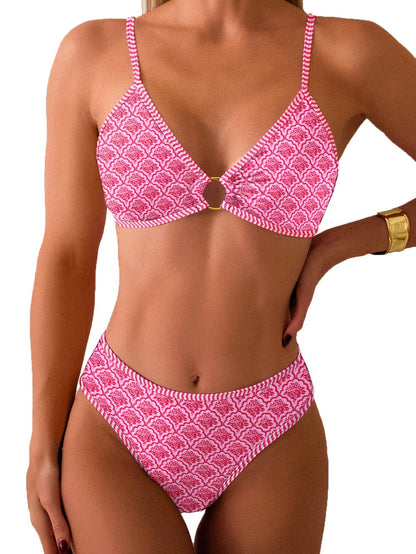 HOTTainehs Women's Two Piece Bikini Sets O Ring Front Top Ditsy Floral Triangle Swimsuits Cheeky Bathing Suit