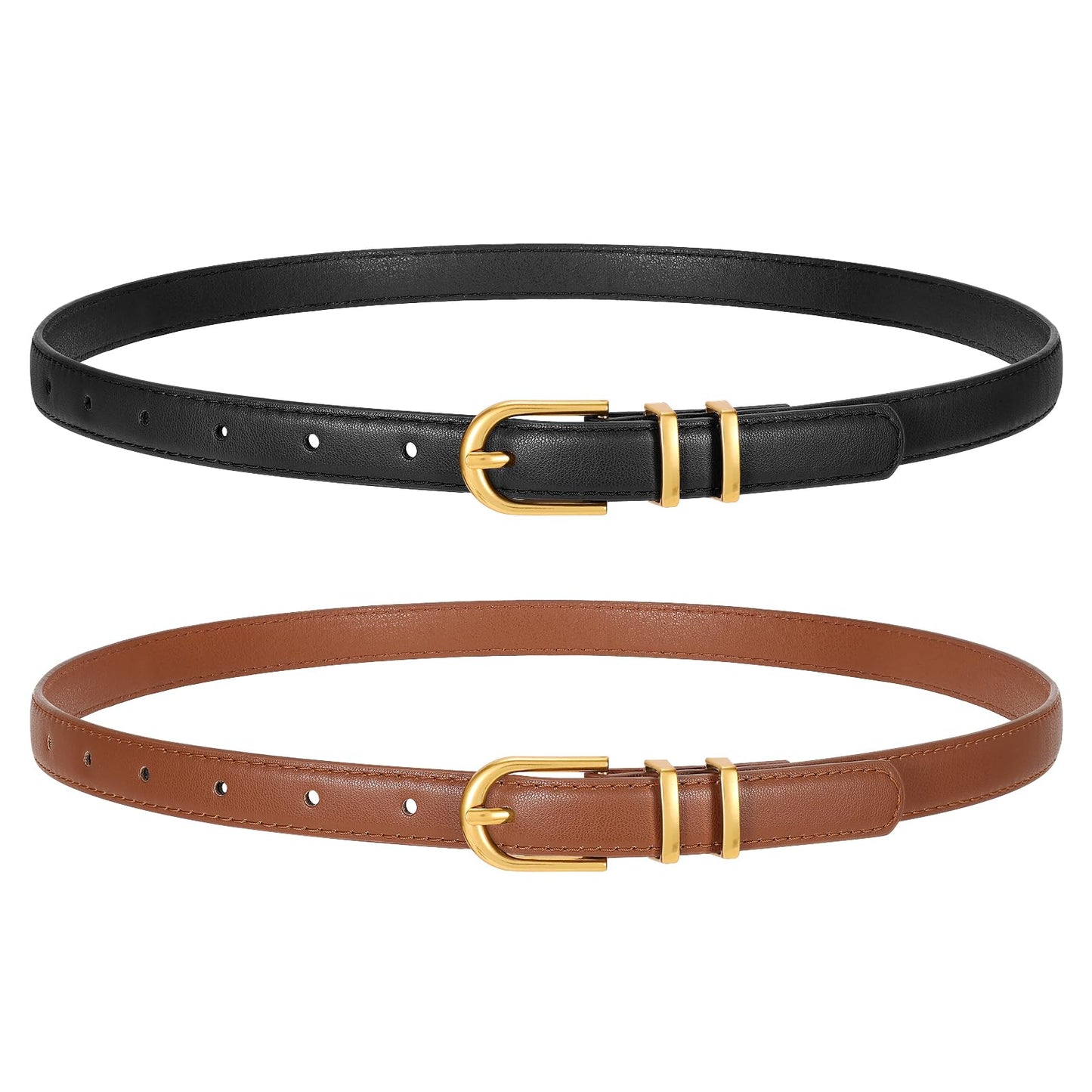 HOTTRIWORKS 2 Pack Women Skinny Leather Belts for Jeans Pants Thin Faux Leather Belt with Gold Buckle