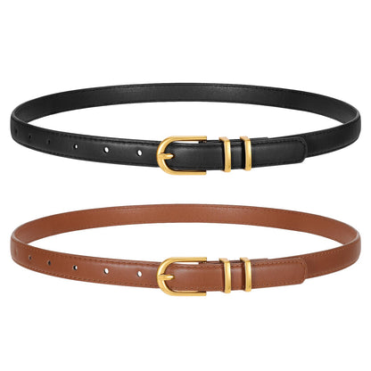 HOTTRIWORKS 2 Pack Women Skinny Leather Belts for Jeans Pants Thin Faux Leather Belt with Gold Buckle